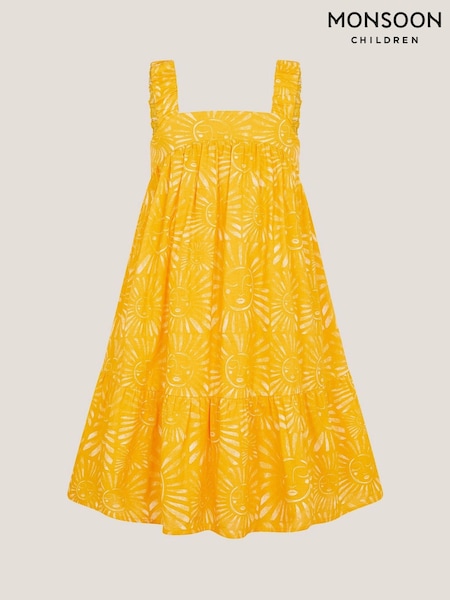 Monsoon Yellow 100% Cotton Sun Print Tier Dress (H42875) | £25 - £29