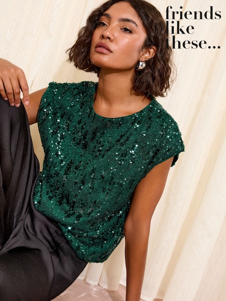 Friends Like These Silver Petite Short Sleeve Sequin Blouse (H42896) | £39