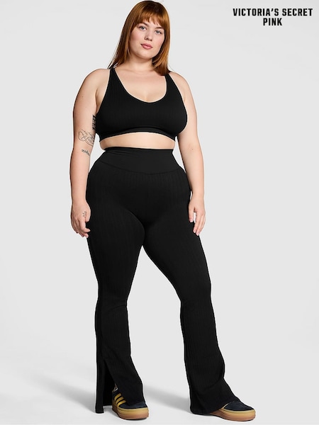 Victoria's Secret PINK Black Seamless Cable Knit High Waist Flare Leggings (H43482) | £45