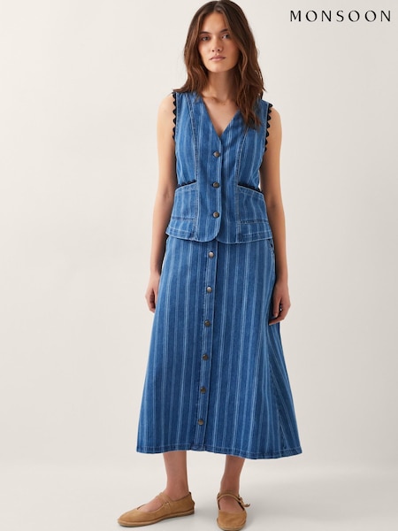 Monsoon Blue Ottilie Stripe Denim 100% Cotton Midi Skirt (H44063) | £69