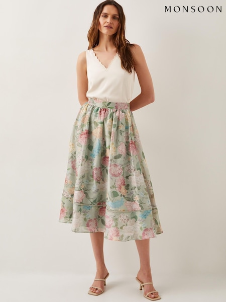 Monsoon Green Agnes Floral Print Midi Skirt (H44071) | £85