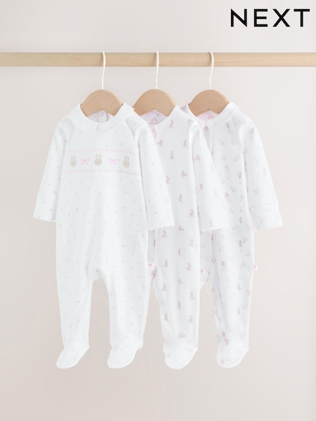 White/Pink Collar 3 Pack Baby Sleepsuits (H44200) | £20 - £22
