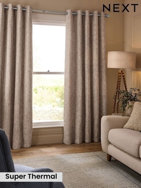 Natural Textured Chenille Super Thermal Eyelet Curtains (H44202) | £85 - £210