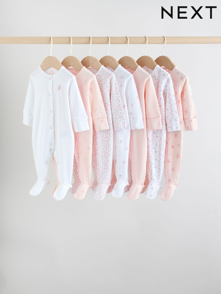 White/Pink 7 Pack Baby Sleepsuit (0-2yrs) (H44212) | £30 - £32