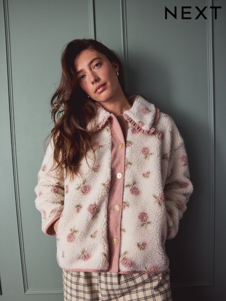 Pink Floral Collared Borg Jacket (H44215) | £62