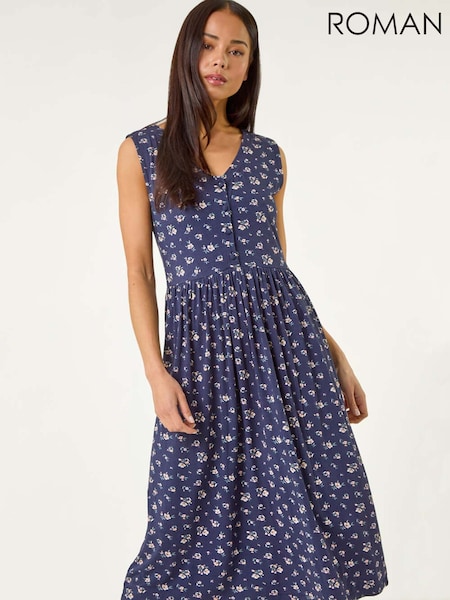Roman Blue Petite Floral Print V-Neck Midi Dress (H44255) | £42