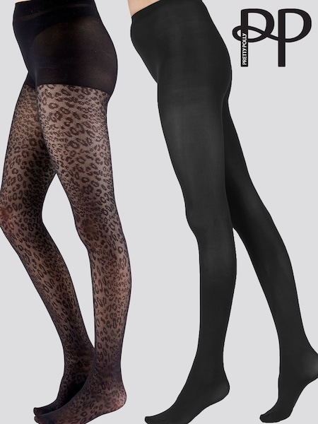Pretty Polly Black Leopard Tights & 60D Opaque 2 pair multipack (H44266) | £20