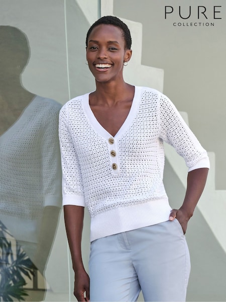 Pure Collection Cream 100% Cotton Mesh Button Neck Top (H44360) | £85
