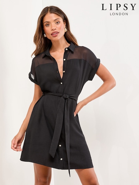 Lipsy Black Mini Mesh Insert Belted Shirt Dress (H44576) | £49