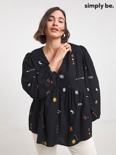 Simply Be Black Embroidered V-Neck Long Sleeve Blouse (H44649) | £36