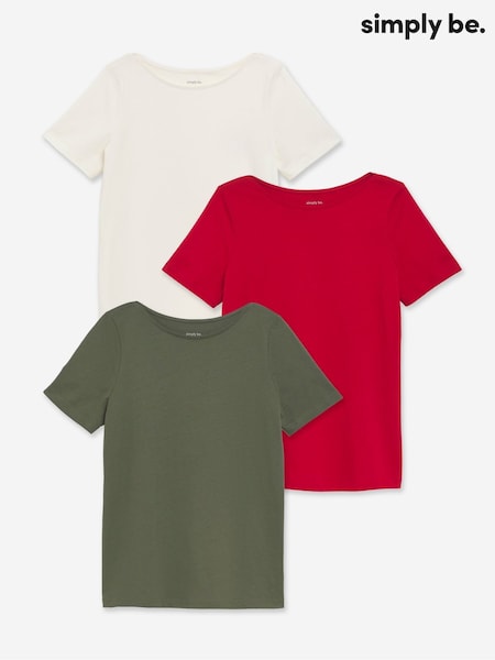 Simply Be White/ Red/ Khaki 3 Pack Slash Neck T-Shirts (H44652) | £28