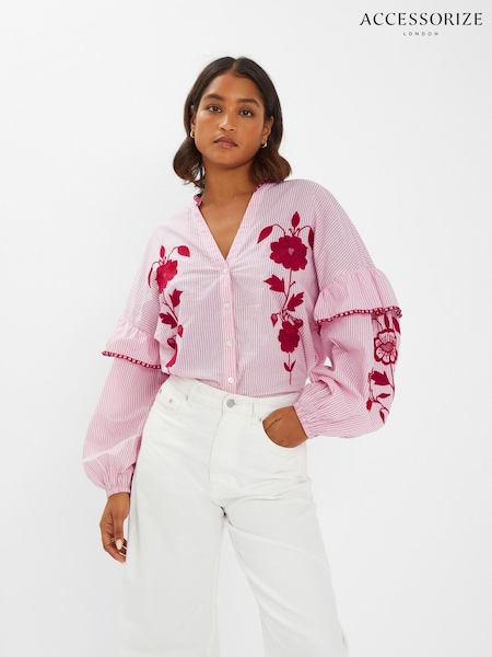 Accessorize Red Floral Print Embroidered Stripe 100% Cotton Blouse (H44670) | £45
