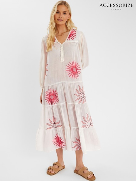 Accessorize Natural Sun Embroidered Long-Sleeve Maxi 100% Cotton Dress (H44672) | £65