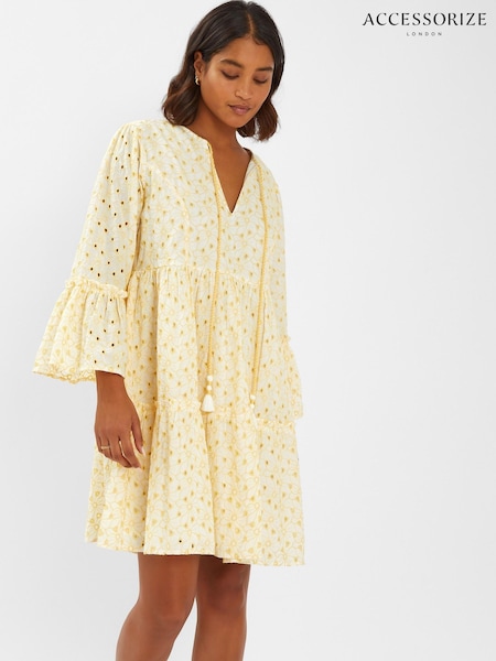 Accessorize Yellow Broderie Flute-Sleeve Mini Dress (H44677) | £65