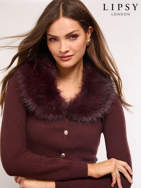 Lipsy Chocolate Brown Faux Fur Collar Trim Buttoned Knit Cardigan (H44683) | £49