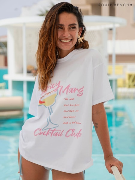 South Beach White Oversized Spicy Marg Printed Graphic T-Shirt (H44687) | £26