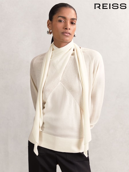 Reiss Cream Alexis Wool Scarf-Tie Draped Jumper (H44693) | £110