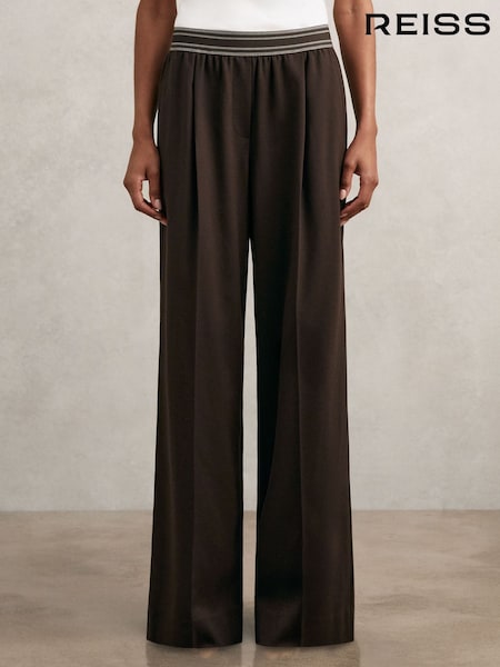 Reiss Chocolate Brown Camelia Petite Wide-Leg Contrast-Waistband Trousers (H44710) | £150