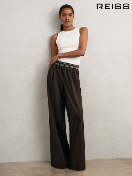 Reiss Chocolate Brown Camelia Wide-Leg Contrast-Waistband Trousers (H44712) | £150