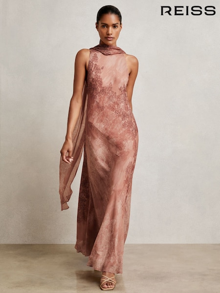 Reiss Pale Pink Lacey Chiffon Floral Cape Maxi Dress (H44723) | £330