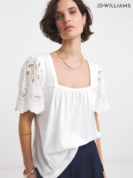 JD Williams White Square Neck Lace Sleeve 100% Cotton Top (H44819) | £30