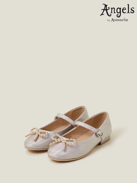 Angels By Accessorize Grey Girls Pearl Bow Ballerinas Flats (H44870) | £25 - £26