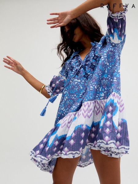 Raffya Blue Isabella Baby Doll Embroidered Mini Dress (H44875) | £90