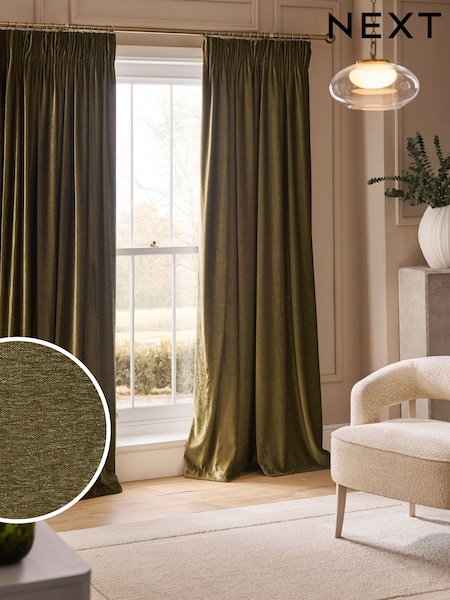 Olive Green Plush Chenille Pencil Pleat Lined Curtains (H44895) | £100 - £210