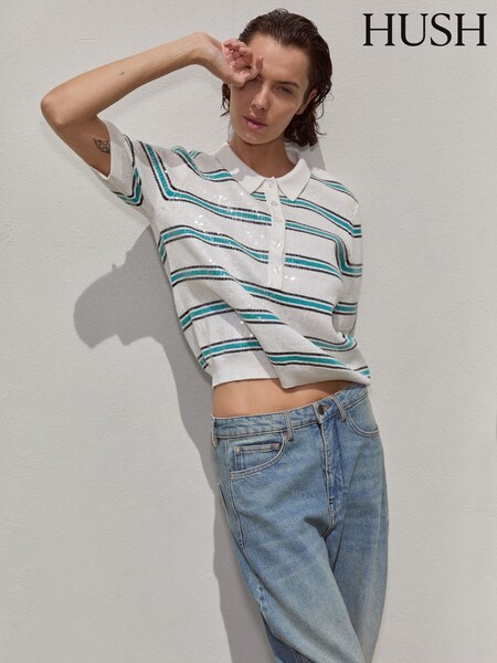 Hush White Sequin Stripe Knitted 100% Cotton Polo Shirt (H44948) | £100