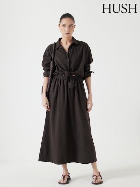 Hush Brown Front Bow Linen Blend Maxi Shirt Dress (H44954) | £130