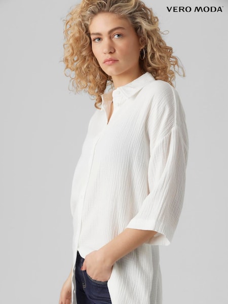 VERO MODA White Longline Textured 100% Cotton Shirt (H44962) | £34