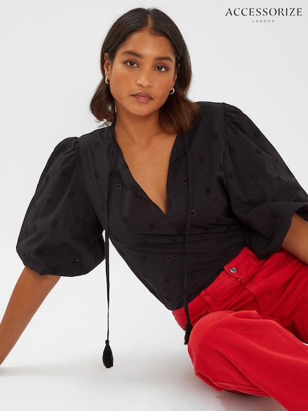 Accessorize Black Puff Sleeve 100% Cotton Blouse (H45011) | £35