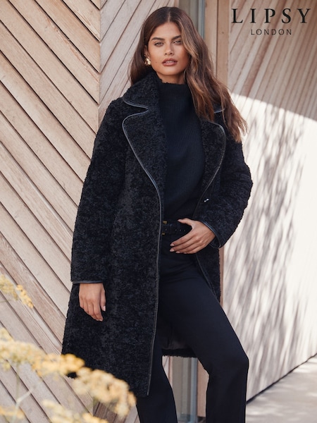 Lipsy Black Petite Teddy Borg Coat with Faux Leather Trim (H45238) | £89