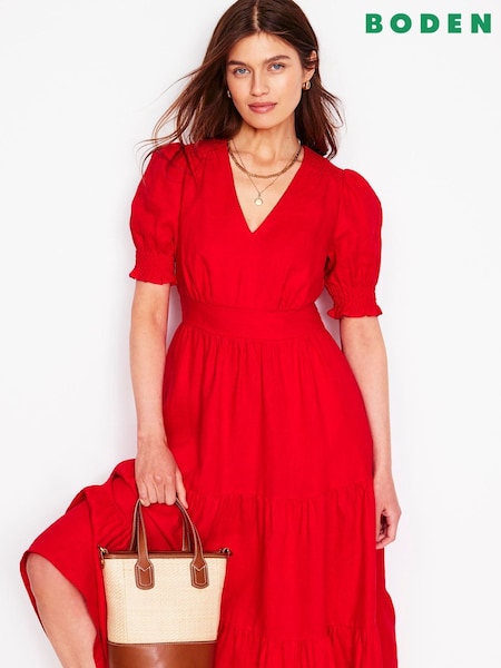 Boden Red Anna 100% Linen Tiered Midi Dress (H45264) | £136