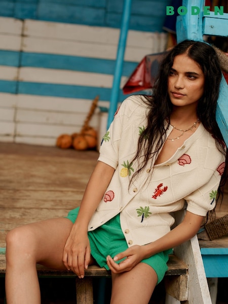 Boden Ivory Embroidered T-Shirt 100% Cotton Cardigan (H45276) | £112