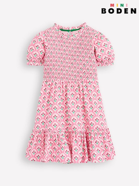 Boden Pink Aurora Shirred Twirly 100% Cotton Dress (H45293) | £27 - £32