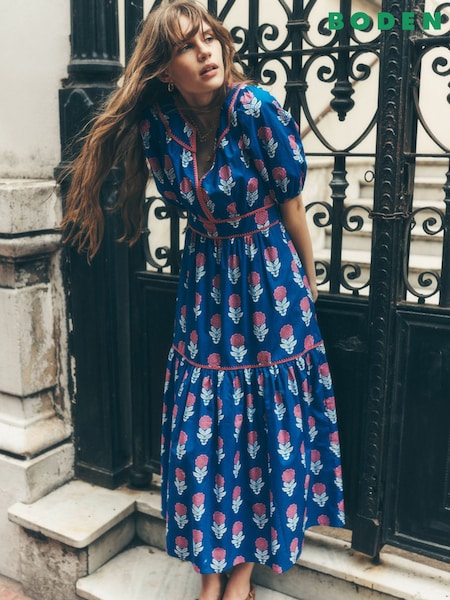 Boden Blue 100% Cotton Rhea Embroidered Midi Dress (H45333) | £146