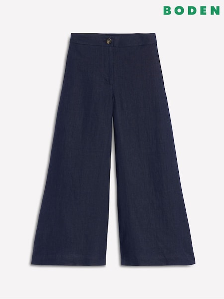 Boden Navy Blue Wide Crop Linen 100% Cotton Trousers (H45335) | £112