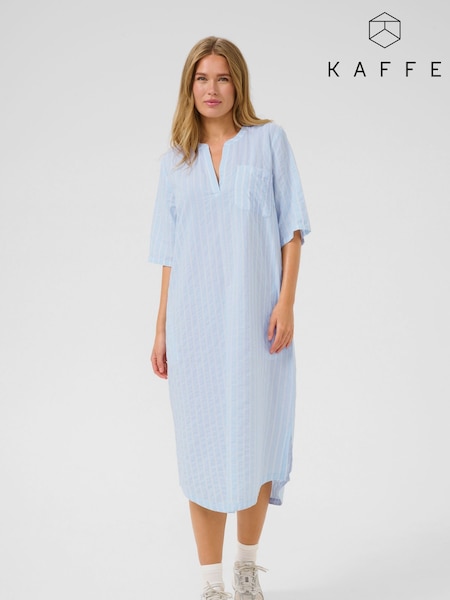Kaffe Blue 100% Cotton KAsara Short Sleeve Kaftan Midi Dress (H45443) | £70