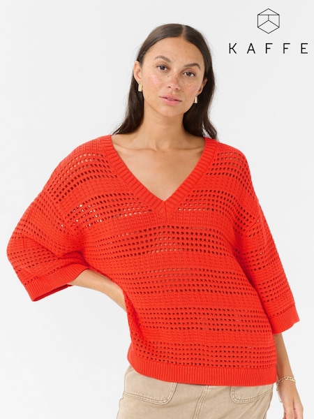 Kaffe Red KAteresa V-Neck 3/4 Sleeve Knit Pullover Jumper (H45452) | £70