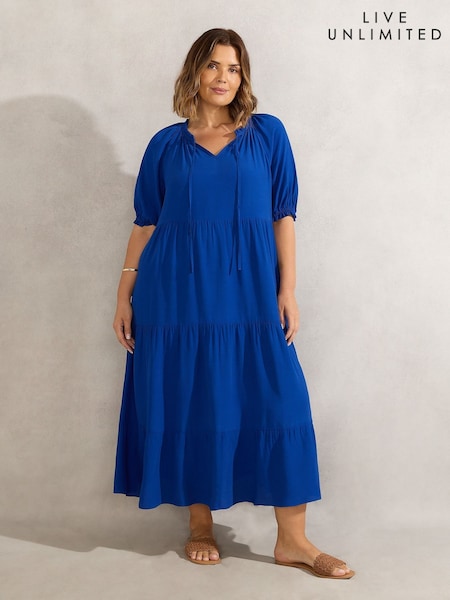 Live Unlimited Blue Curve Tiered V-Neck Dress (H45676) | £89