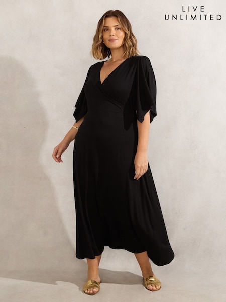 Live Unlimited Black Curve Jersey Angel Sleeve Wrap Dress (H45679) | £59