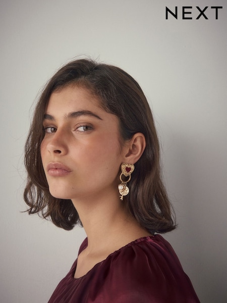 Gold Tone Heart Charm Cluster Drop Earrings (H45711) | £14