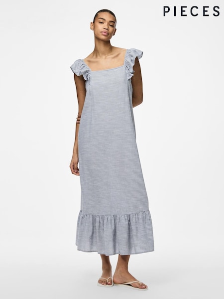 PIECES Blue Frill Sleeve Square Neck Maxi Dress (H45849) | £35