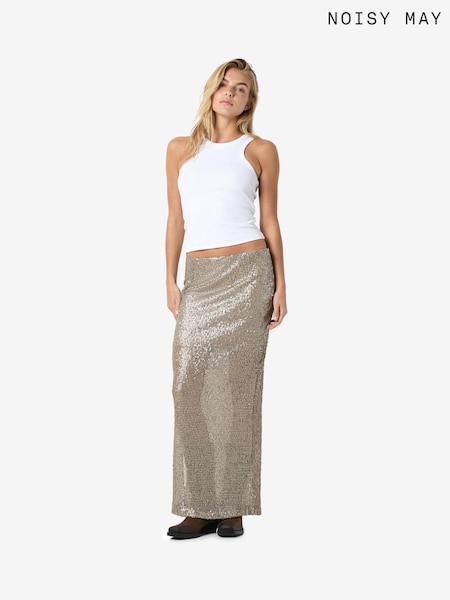 NOISY MAY Grey Side Split Sequin White Maxi Skirt (H46037) | £40