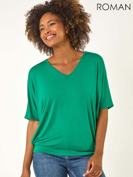 Roman Green V-Neck Grown On Sleeve Stretch T-Shirt (H46083) | £32