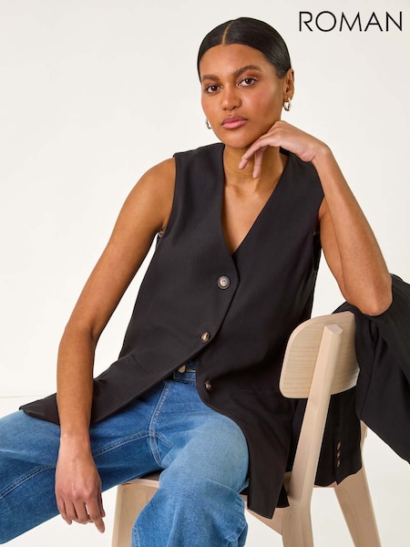 Roman Black Longline Button Waistcoat 100% Cotton Waistcoat (H46093) | £48