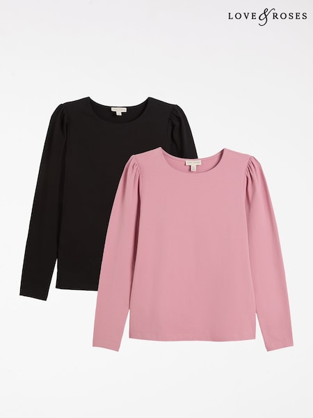 Love & Roses Pink and Black Yellow Puff Shoulder Long Sleeve Jersey Top (H46218) | £30