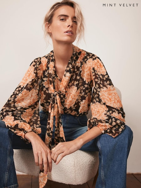 Mint Velvet Orange Floral Print Blouse (H46295) | £0