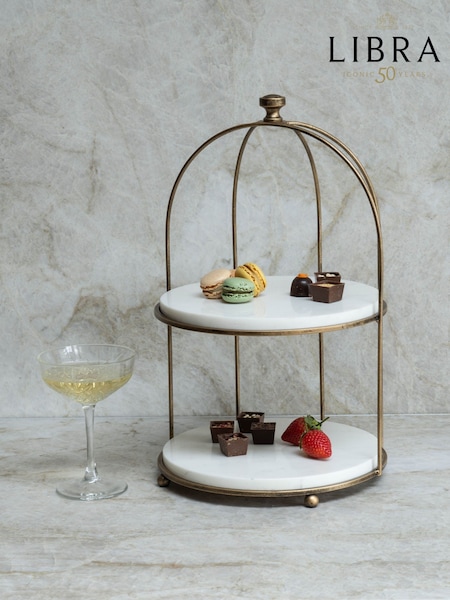 Libra Interiors Antique Gold White Belvedere Aged Two Tiered Stand (H46318) | £130